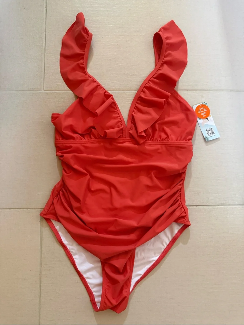 Ruffled V-Neck One-Piece Swimsuit in Red
